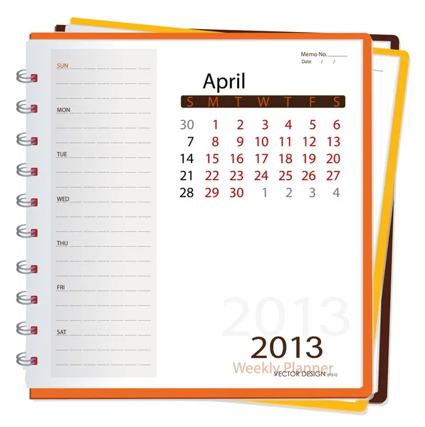 Quaderno del calendario 2013, aprile. Illustrazione vettoriale . — Vettoriale Stock