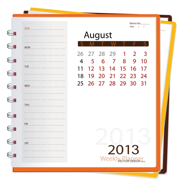 Cuaderno de calendario 2013, agosto. Ilustración vectorial . — Vector de stock