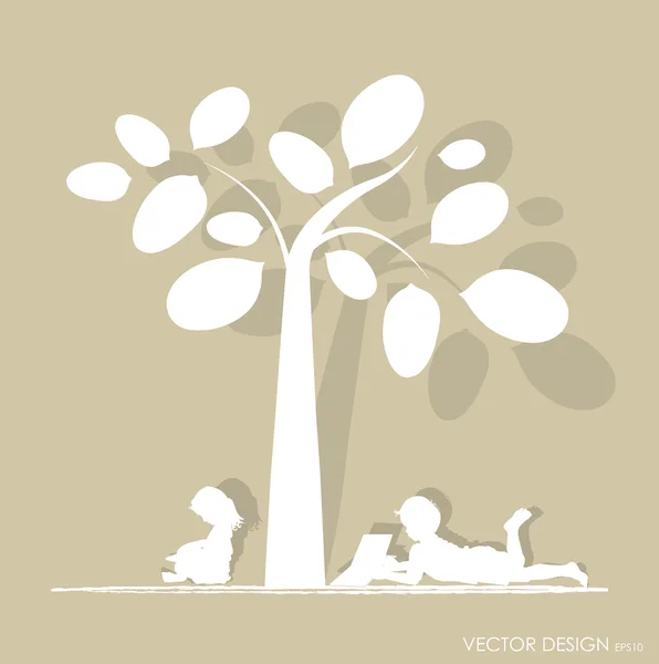 小さな子ども連れのベクトルの背景は木の下で本を読みます。私はベクトルします。 — ストックベクタ