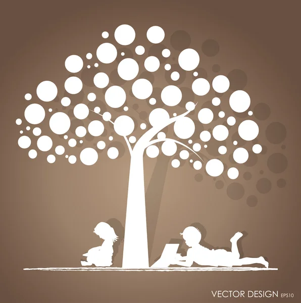 Antecedentes vectoriales con niños leen un libro bajo el árbol. Vector I — Archivo Imágenes Vectoriales