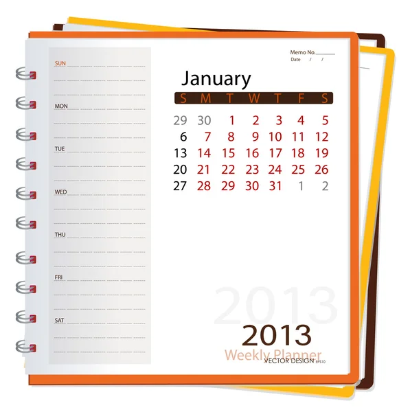 Caderno de calendário de 2013, janeiro. Ilustração vetorial . —  Vetores de Stock