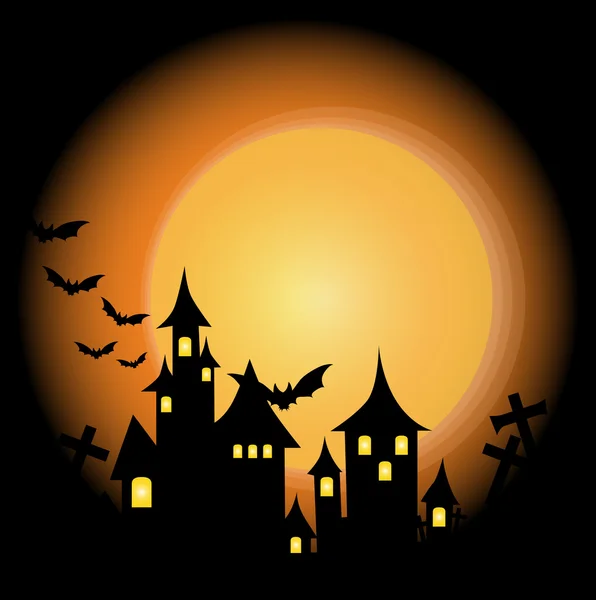 Halloween background with haunted house, bats and full moon, vec — Stock Vector