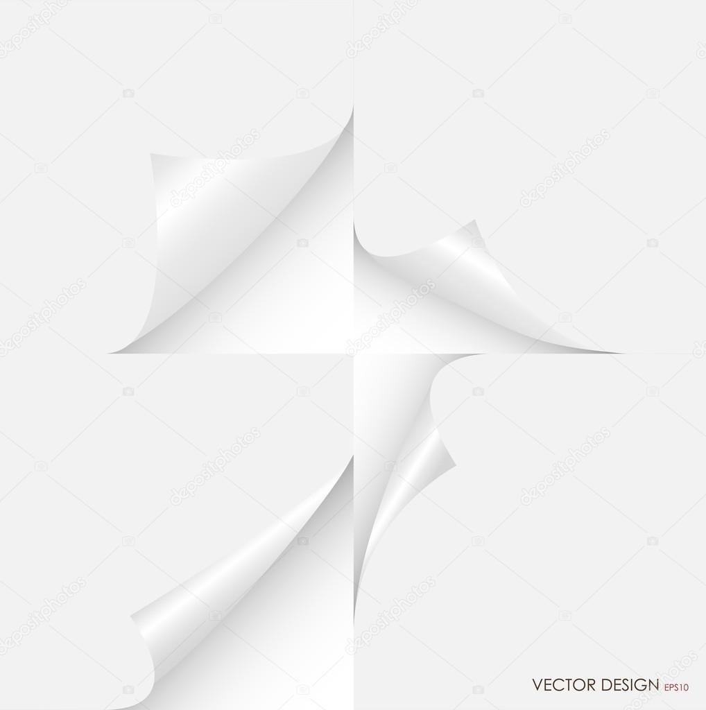Collection of curled corners white papers, Vector illustration.