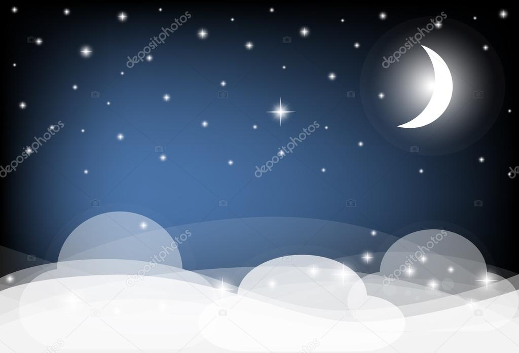 Night Sky with Moon, Clouds and shining Stars. Vector illustrati