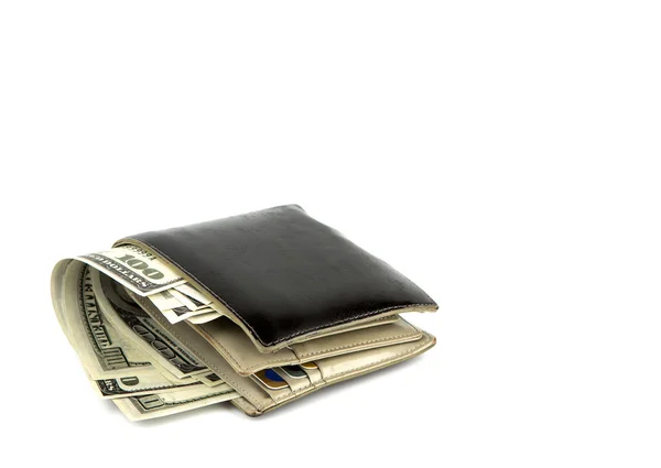 Old black wallet with dollar isolated on white background — Stock Photo, Image