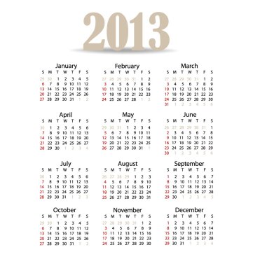 basit 2013 yılı takvimi, vektör çizim.