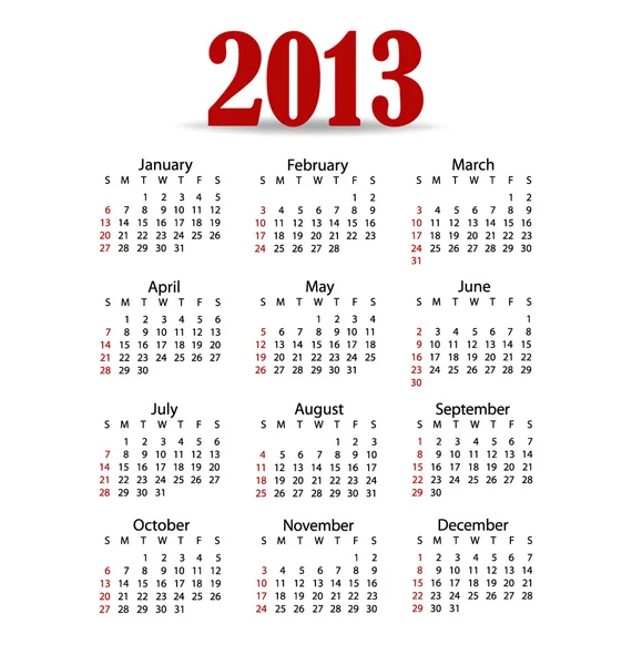 Calendario semplice 2013 anno, illustrazione vettoriale . — Vettoriale Stock