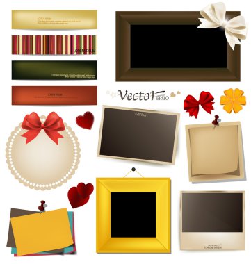 Collection of vintage photo frames, frames and paper on a white clipart