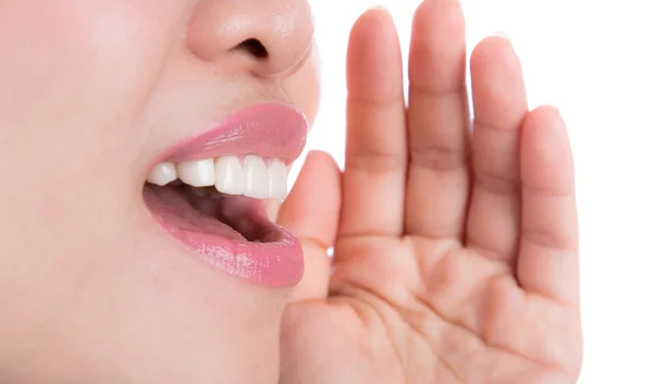 Yelling woman mouth close up isolated on white background — Stock Photo, Image