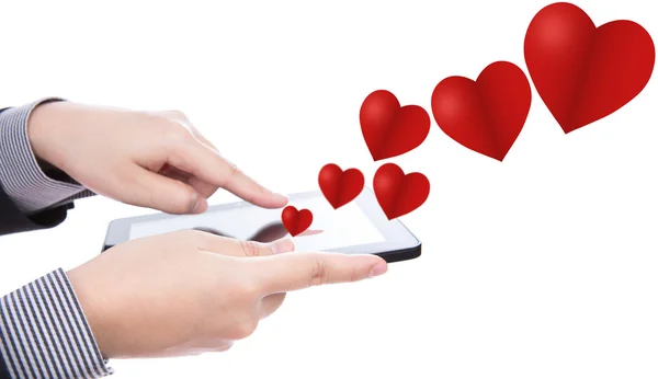 Business man using a touch screen device with heart — Stock Photo, Image