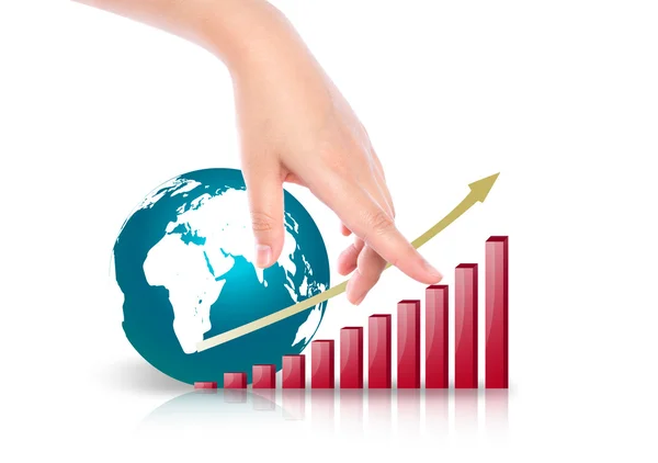 Hand point business red graph and earth — Stock Photo, Image