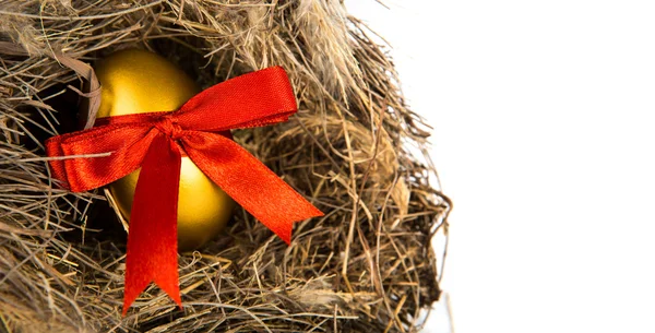 Golden easter eggs in nest isolated on white background — Stock Photo, Image