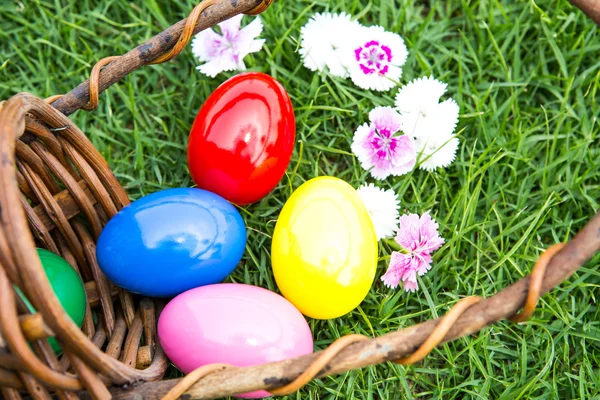 Basket of easter eggs on green grass — Stock Photo, Image