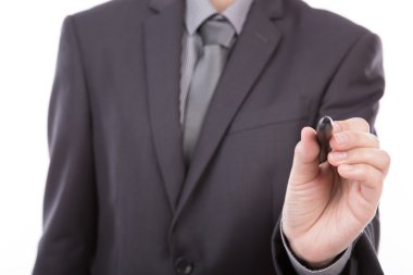 Beyaz arka plan kopya alanı üzerinde yazılı iş adamı