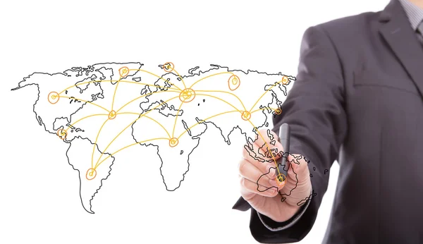 Businessman drawing a world map isolated on a white background — Stock Photo, Image