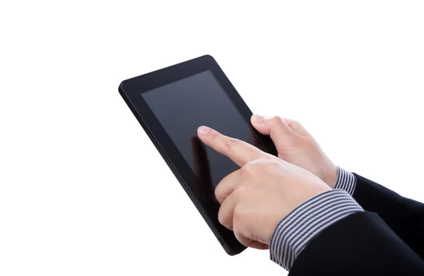 Geschäftsmann mit Touchscreen-Gerät vor weißem Hintergrund — Stockfoto