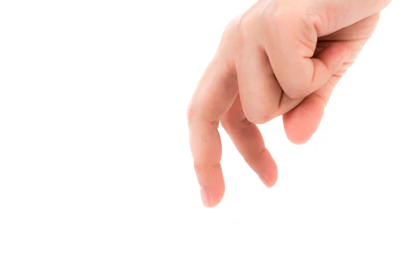 Mujer mano muestra dos dedos sobre fondo blanco — Foto de Stock