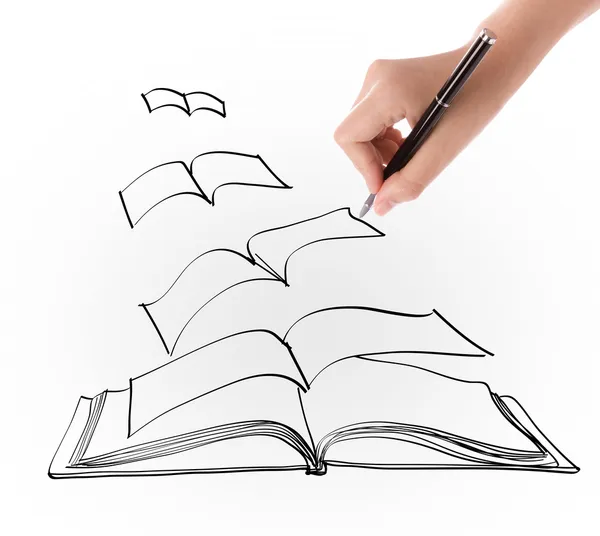 Hand drawing open flying book — Stock Photo, Image