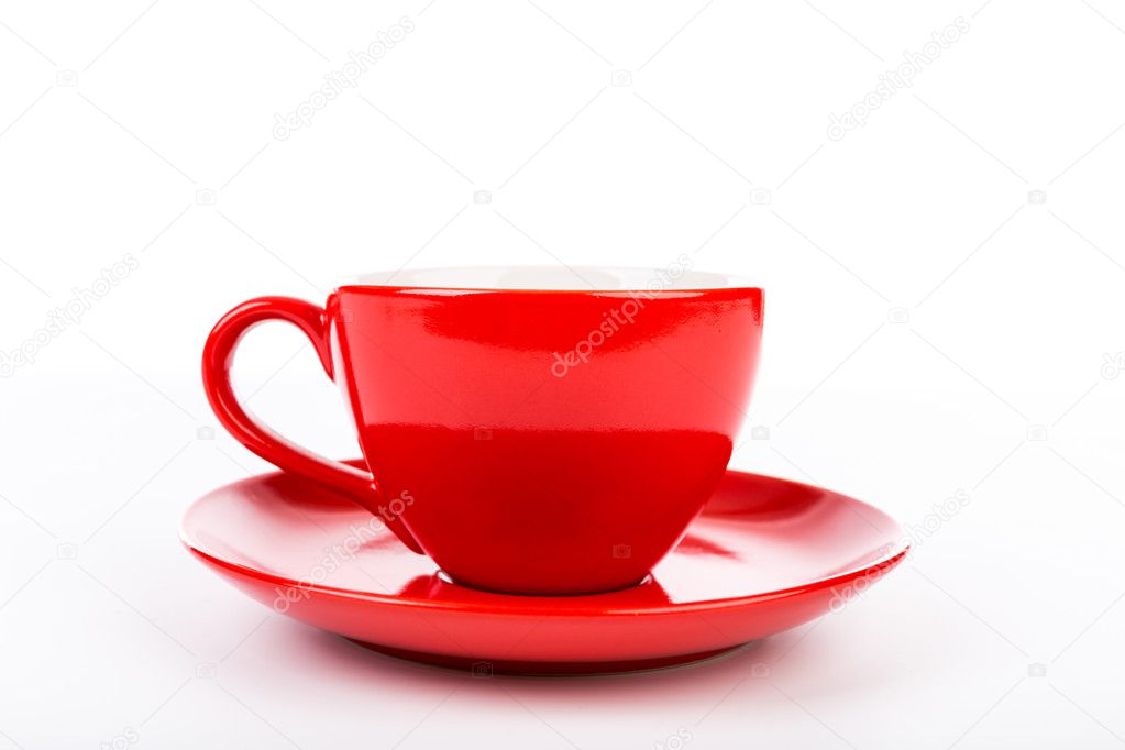A red cup of coffee isolated on white background