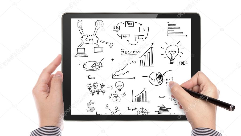 Businessman hand drawing graph on touch screen tablet — Stock