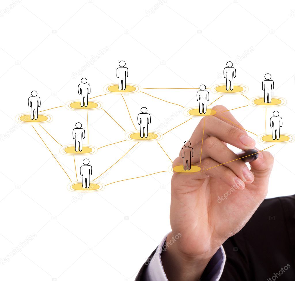 Businessman hand drawing a social network scheme on a whiteboard
