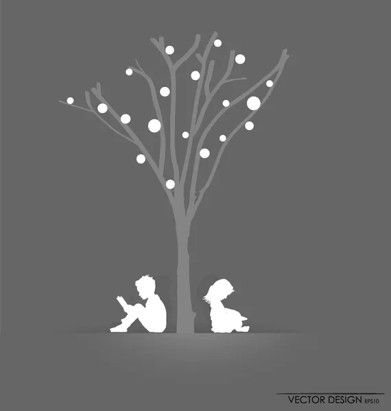 Antecedentes vectoriales con niños leen un libro bajo el árbol. Vector I — Vector de stock