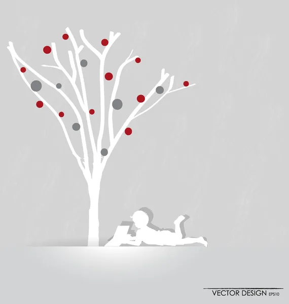 Antecedentes vectoriales con niños leen un libro bajo el árbol. Vector I — Archivo Imágenes Vectoriales