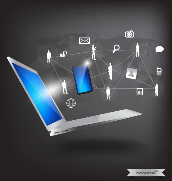 Modern teknik-tunn laptop med sociala nätverk. vektor illust — Stock vektor