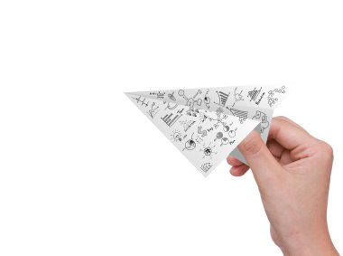 elini tutmak üzerine beyaz izole milimetrik kağıt uçak