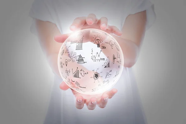 Woman hands hold graph in bubble over body — Stock Photo, Image