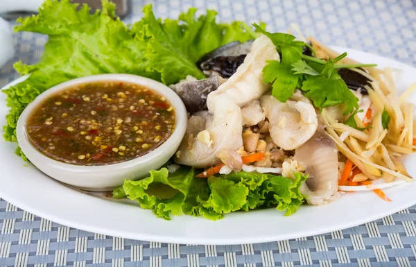 Fresh steam fish with seafood sauce — Stock Photo, Image