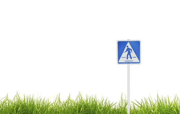 Дорожній знак і свіжа весняна зелена трава ізольовані на білому фоні — стокове фото
