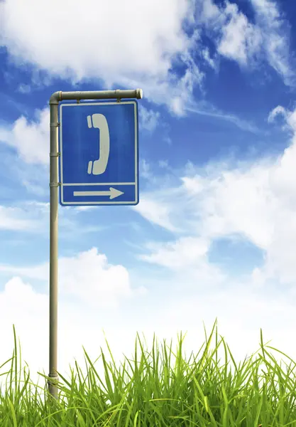 Traffic sign on green grass and blue sky. — Stock Photo, Image