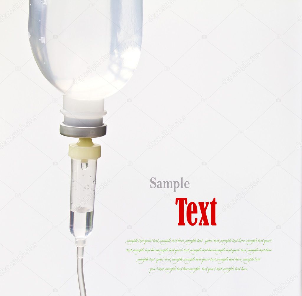 Infusion bottle with IV solution on white background with copy s