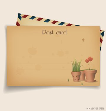 Vintage postcard and envelope with Red flower plant in clay pot.