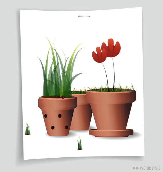 Pianta di fiori rossi in vaso d'argilla. Illustrazione vettoriale . — Vettoriale Stock