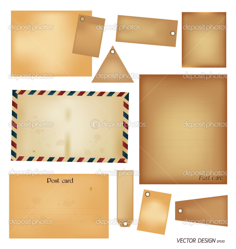 Vector set: Vintage postcard, envelope, stamp, card and blank pa