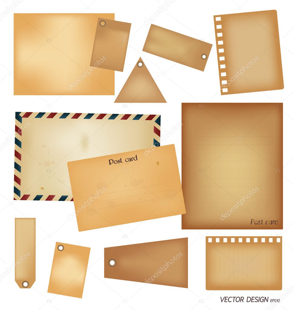 Vector set: Vintage postcard, envelope, stamp, card and blank pa