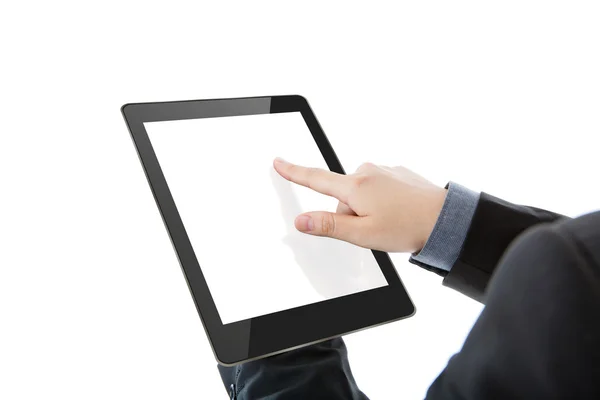 Business man using a touch screen device against white backgroun — Stock Photo, Image