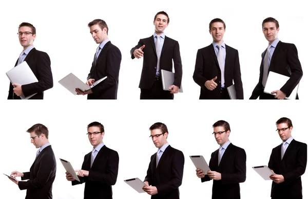 Collection of young business man with laptop and touch screen de — Stock Photo, Image