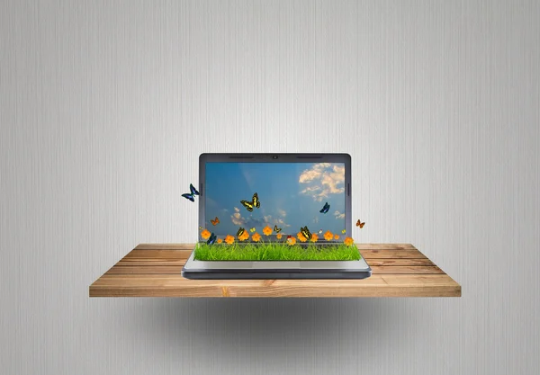 Laptop with yellow flower,grass and butterfly on wood shelf — Stock Photo, Image