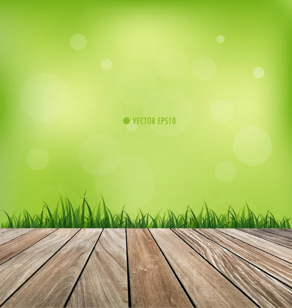 Fondo natural. Fresca hierba verde primavera y suelo de madera. Vec — Vector de stock
