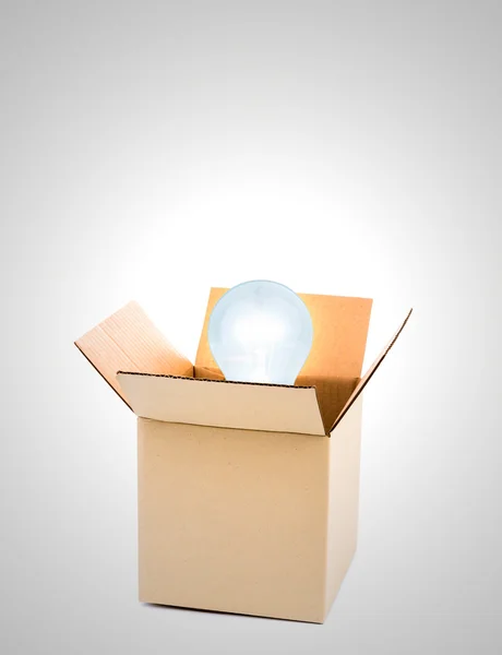 Menyalakan bola lampu di atas kotak kardus terbuka — Stok Foto