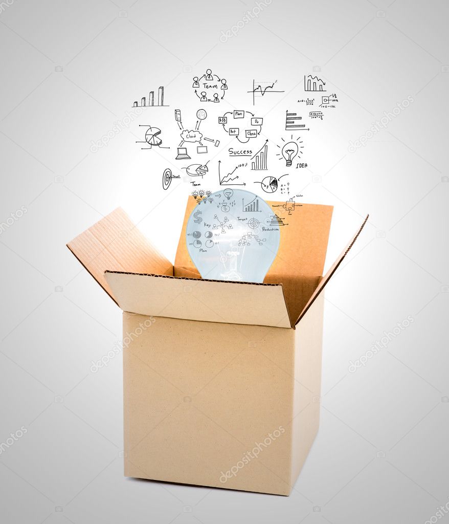 Glowing light bulb over open cardboard box with business graph