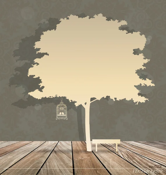 Abstracte achtergrond met vintage vogelkooi onder boom. vector ziek — Stockvector