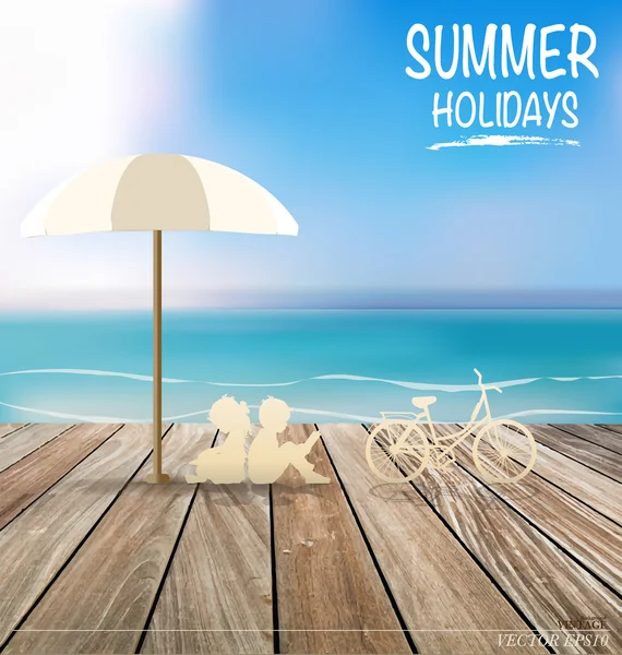 Summer holiday background with wood terrace. Vector illustration — Stock Vector