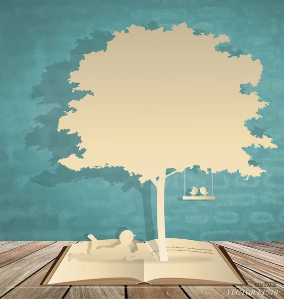 çocuklu arka plan ağaç altında bir kitap okuyun. vektör