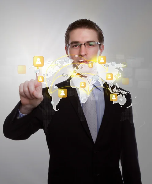 Social Network concept : Business man point to social network an — Stock Photo, Image