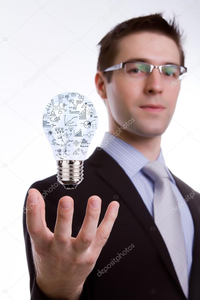 Business man holding light bulb with business concept inside