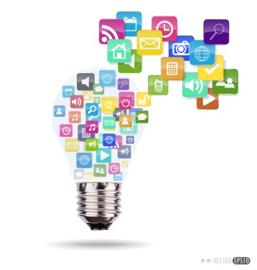 ampul bulut renkli uygulama simgeleri ile. vektör illustrati